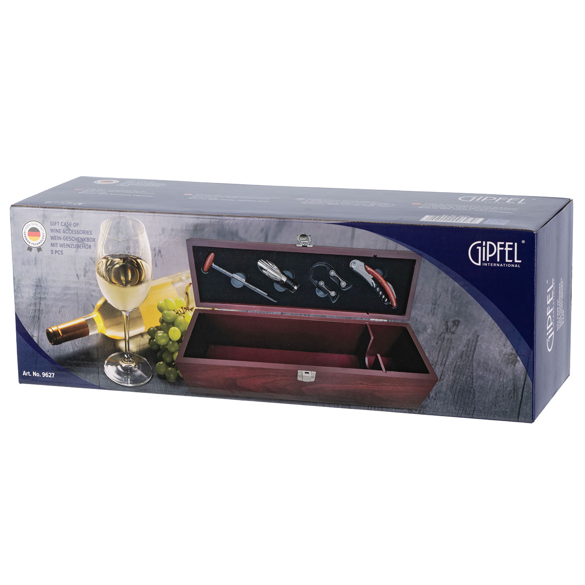 картинка 9627 GIPFEL Футляр из красного дерева для вина с винными аксессуарами (4 предмета), 36х11,5х11см. Материал: МДФ, пластик, нерж сталь. от магазина Gipfel