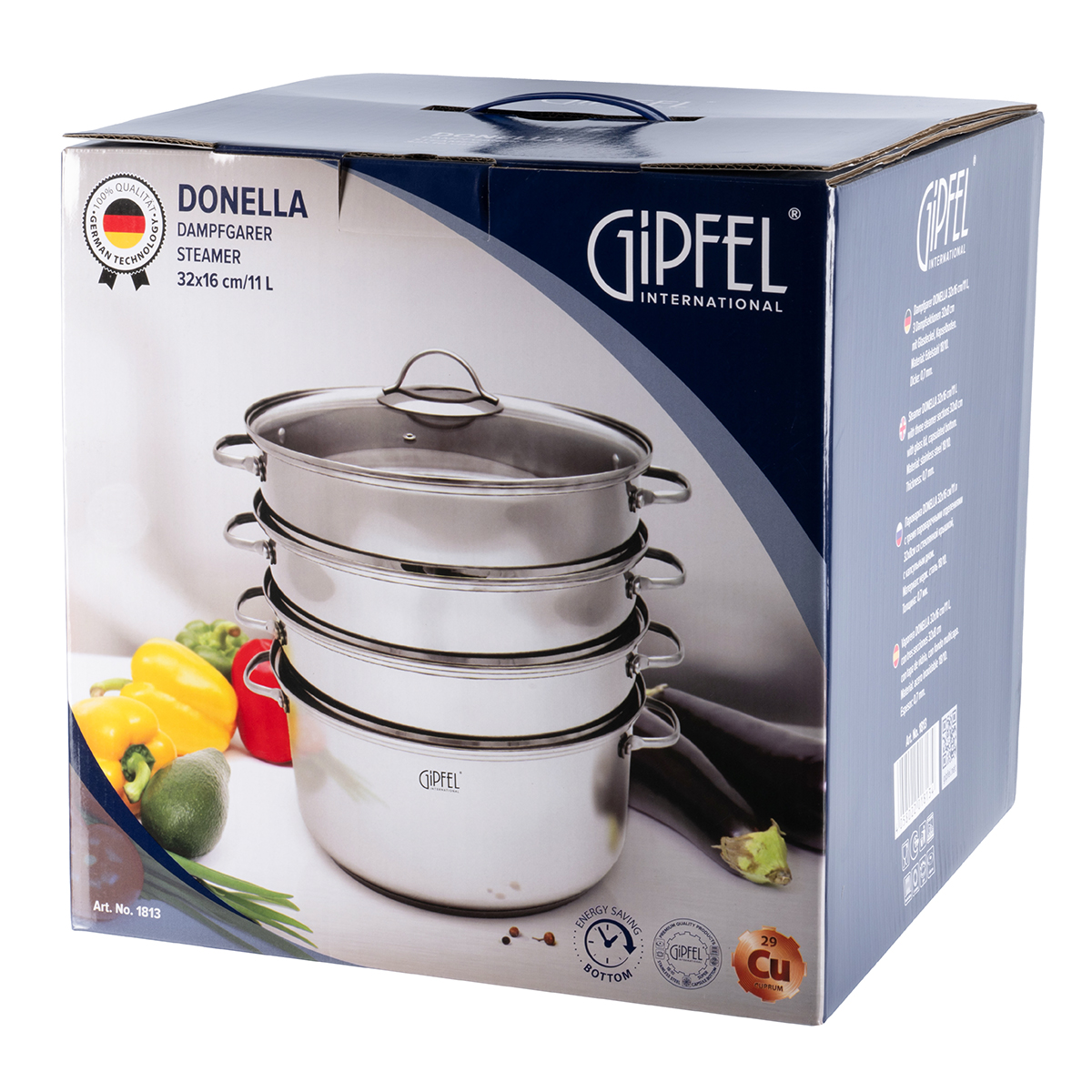 картинка 1813 GIPFEL Пароварка трёхъярусная DONELLA 32х16 см, 11л со стеклянной крышкой. Материал: нерж. сталь 304 от магазина Gipfel