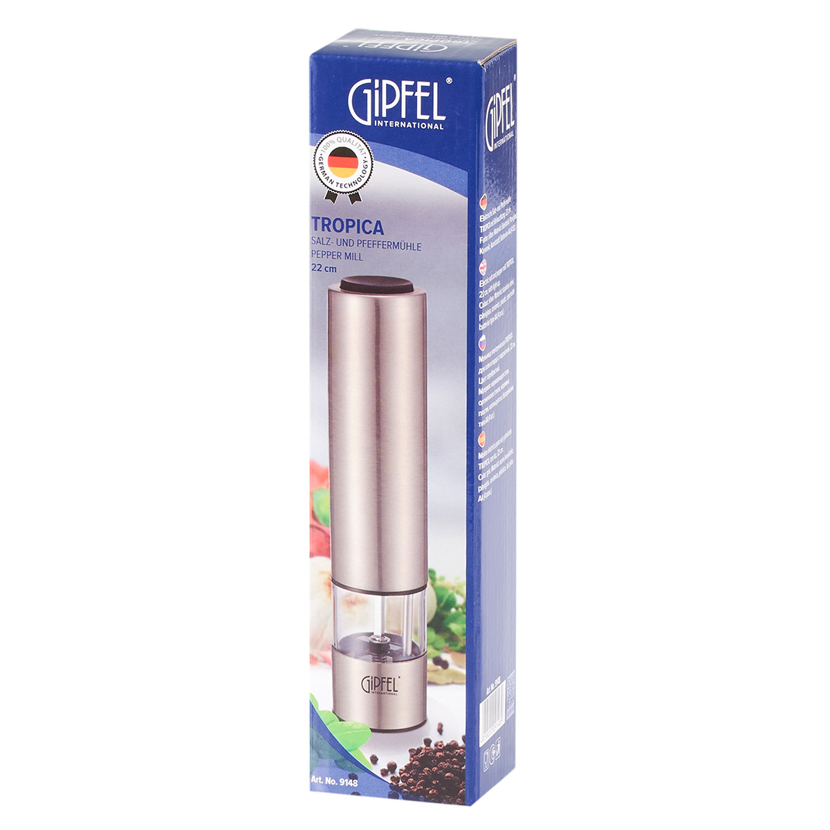 картинка 9148 GIPFEL Мельница TROPICA для перца, электрическая, высота 22 см. Цвет: серебристый. от магазина Gipfel